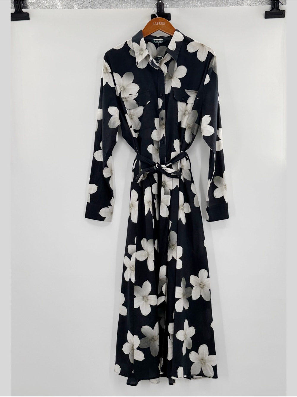 Lauren Ralph Lauren XL Floral Maxi Shirt Dress Cover Up Black White 100% Cotton - Picture 5 of 14